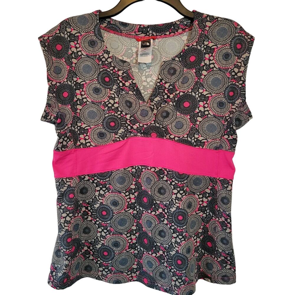 The North Face Gray Pink Shirt Geometric Print Stretch Top Short Sleeve Womens L